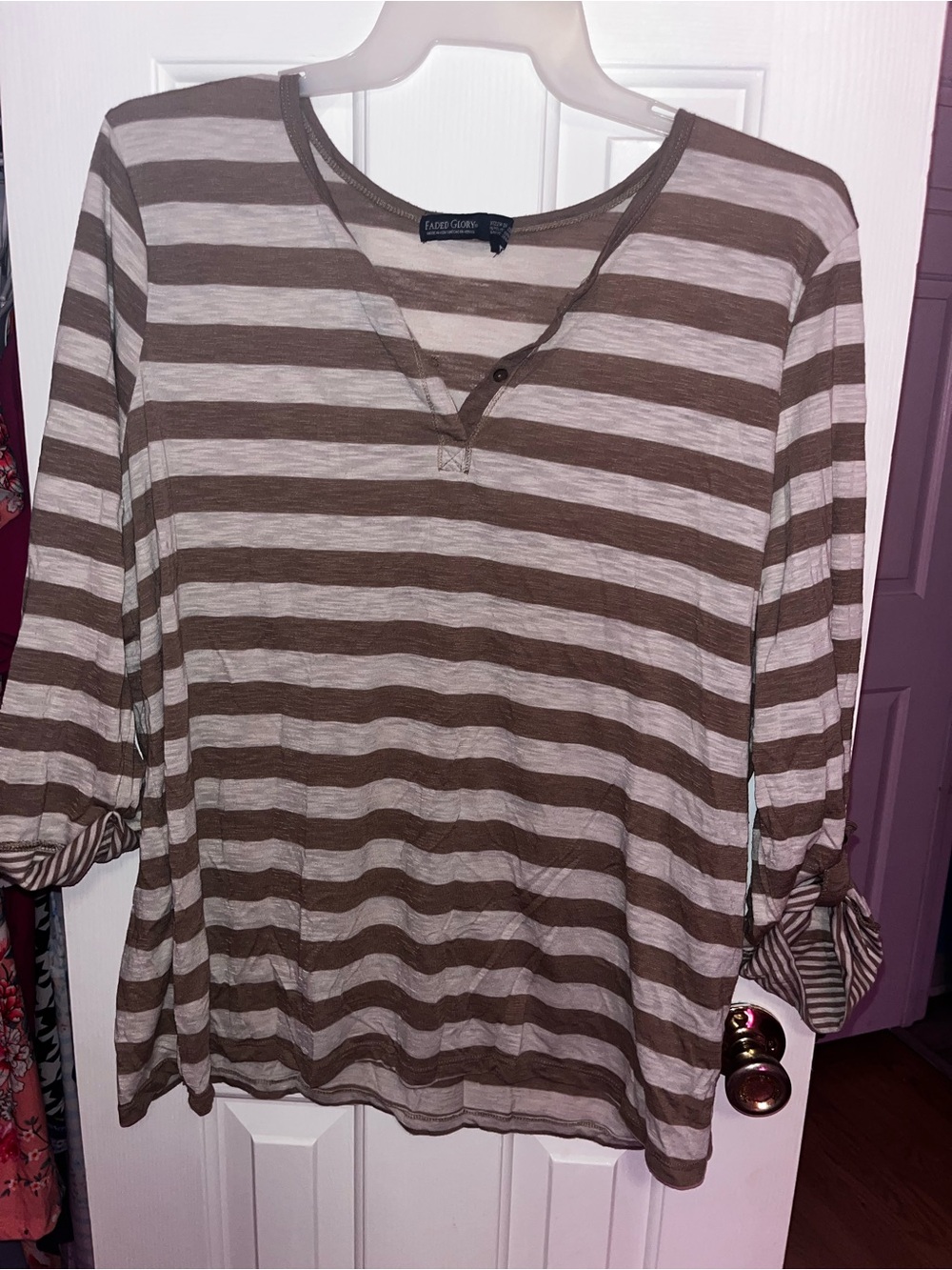 Faded Glory Brown and Cream Striped Button-Front Long Sleeve Top